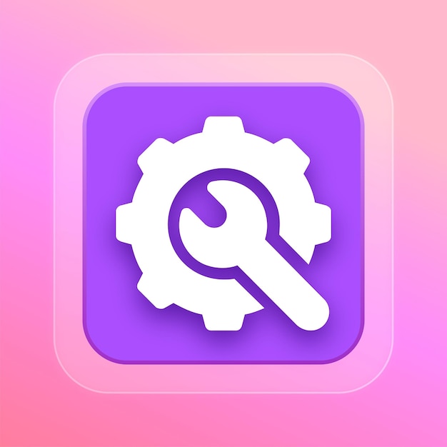 Icono mecánico de efecto de vidrio púrpura pulido con fondo editable