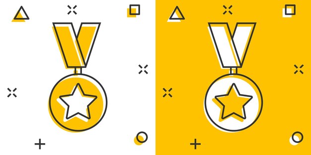 Icono de medalla en estilo cómico ilustración de vector de signo de dibujos animados de premio sobre fondo blanco aislado concepto de negocio de efecto de salpicadura de premio de trofeo