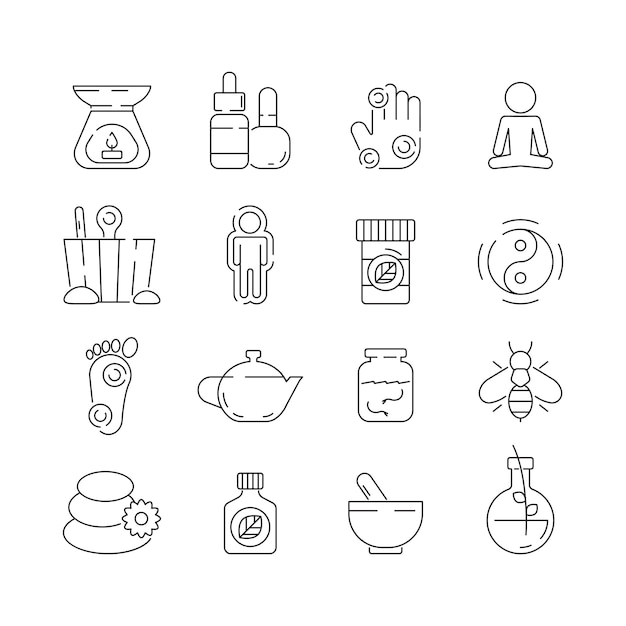 Icono de medicina alternativa. Belleza complementaria naturista terapia herbal relajación meditación vector símbolos delgados