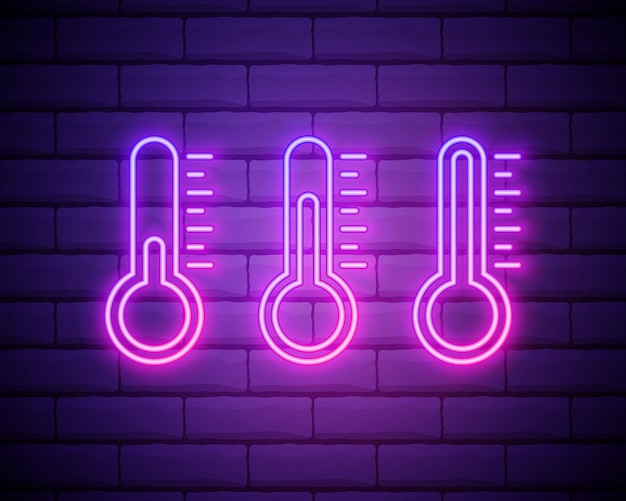 Icono de medición de termómetro de meteorología de neón brillante aislado en el fondo de la pared de ladrillo Equipo de termómetro que muestra clima frío o caliente Ilustración vectorial