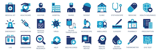 Ícono médico establecido en diseño web de íconos sólidos de duotone plano Empaque de pictogramas con médico de salud hospital enfermera paciente clínica medicina seguro de salud de emergencia otro Ilustración vectorial