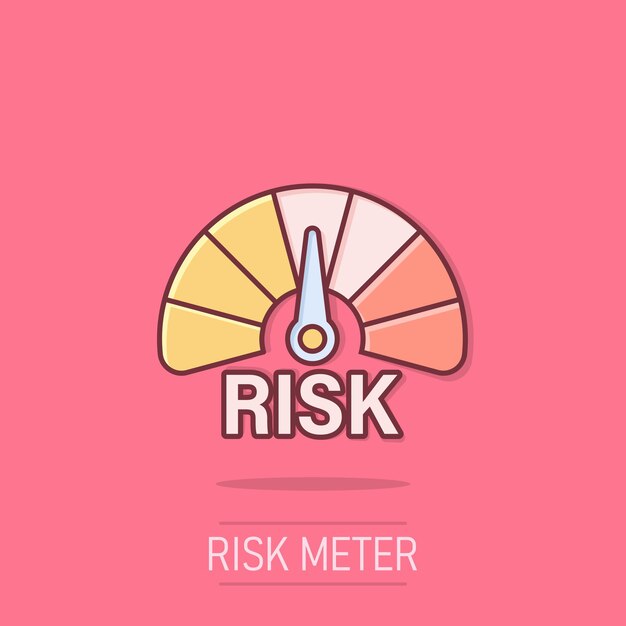 Icono del medidor de riesgo en estilo cómico Indicador de calificación Ilustración vectorial de dibujos animados en fondo aislado Signo de nivel de combustible Efecto de salpicaduras Concepto de negocio