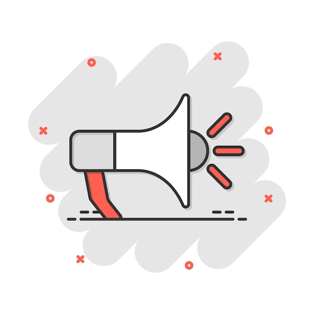 Icono de megáfono de dibujos animados vectoriales en estilo cómic Pictograma de ilustración de signo de megáfono Concepto de efecto de salpicadura de negocio de megáfono