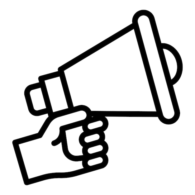 Icono de megáfono en mano Icono de vector de megáfono en mano de esquema para diseño web aislado sobre fondo blanco