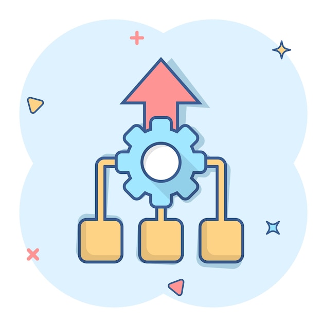 Icono de mejora en estilo cómic Ilustración de vector de dibujos animados de proyecto de engranaje sobre fondo blanco aislado Concepto de negocio de efecto de salpicadura de productividad
