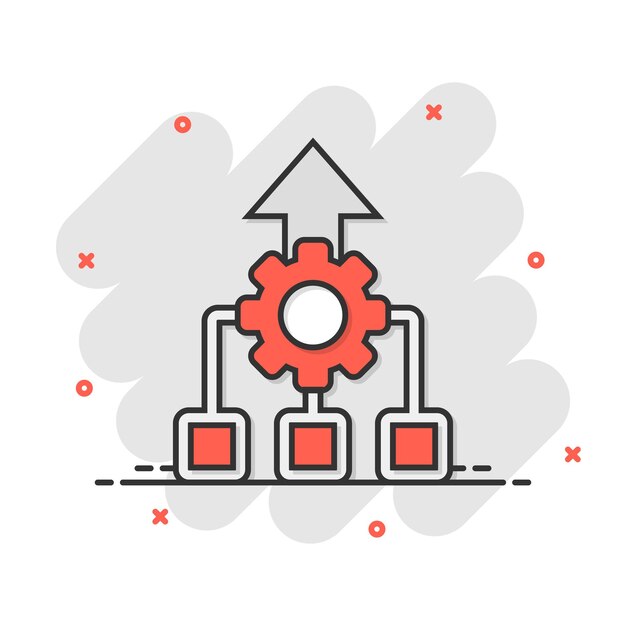 Icono de mejora en estilo cómic Ilustración de vector de dibujos animados de proyecto de engranaje sobre fondo blanco aislado Concepto de negocio de efecto de salpicadura de productividad
