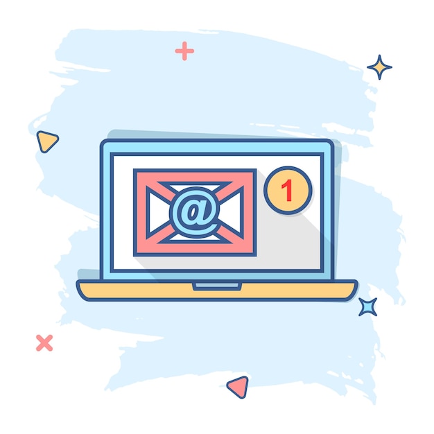 Icono de mensaje de sobre de correo electrónico de dibujos animados vectoriales en estilo cómico Pictograma de ilustración de signo de correo Concepto de efecto de salpicadura de negocio de computadora portátil