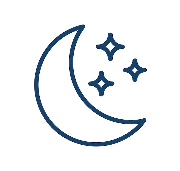 Icono meteorológico abstracto con media luna o media luna menguante con estrellas en el cielo despejado. Logo simple de la noche en estilo de arte en línea. Ilustración vectorial plana lineal aislada sobre fondo blanco.