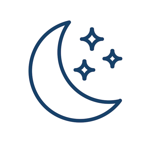 Vector icono meteorológico abstracto con media luna o media luna menguante con estrellas en el cielo despejado. logo simple de la noche en estilo de arte en línea. ilustración vectorial plana lineal aislada sobre fondo blanco.