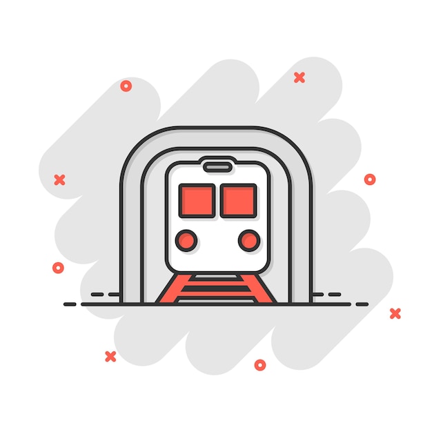 Icono de metro en estilo cómic ilustración de vector de dibujos animados de metro de tren sobre fondo blanco aislado concepto de negocio de efecto de salpicadura de carga de ferrocarril