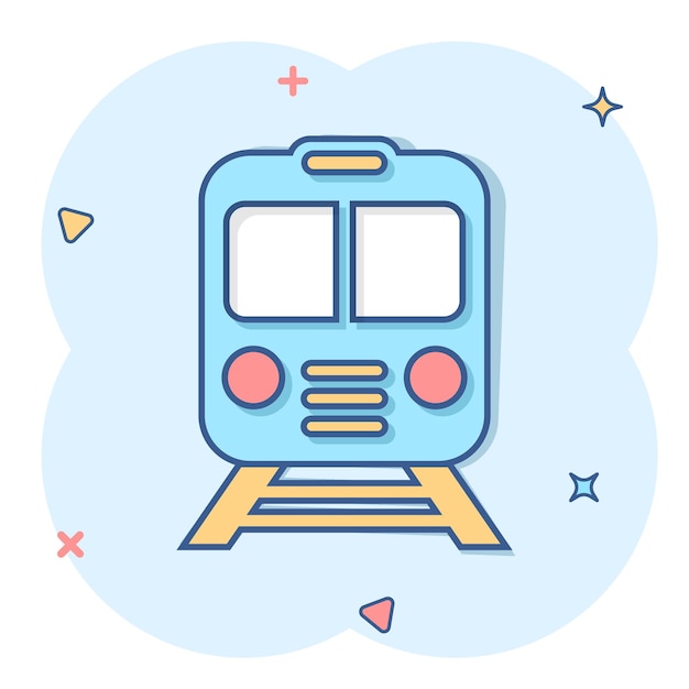 Icono de metro en estilo cómic ilustración de vector de dibujos animados de metro de tren sobre fondo blanco aislado concepto de negocio de efecto de salpicadura de carga de ferrocarril