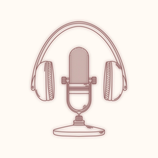 Vector icono de micrófono y auriculares en blanco y negro para podcast