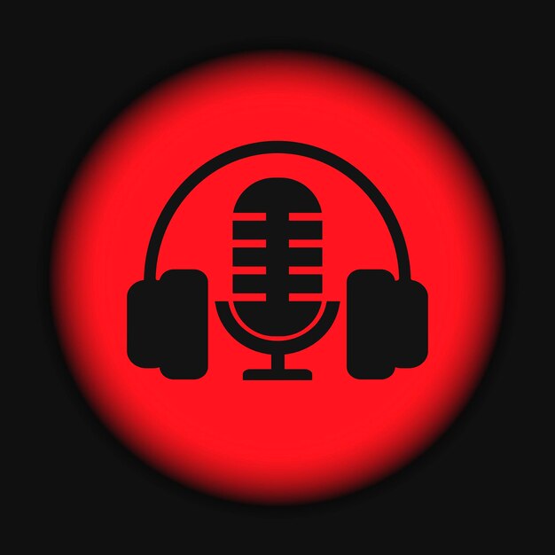 Icono de micrófono y auriculares. Botón rojo de diseño de logotipo de podcast o radio