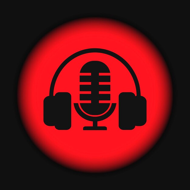 Vector icono de micrófono y auriculares. botón rojo de diseño de logotipo de podcast o radio