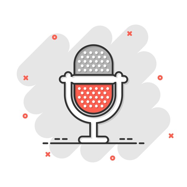 Icono de micrófono en estilo cómic Ilustración de vector de dibujos animados de mike de estudio sobre fondo blanco aislado Concepto de negocio de efecto de salpicadura de registro de audio