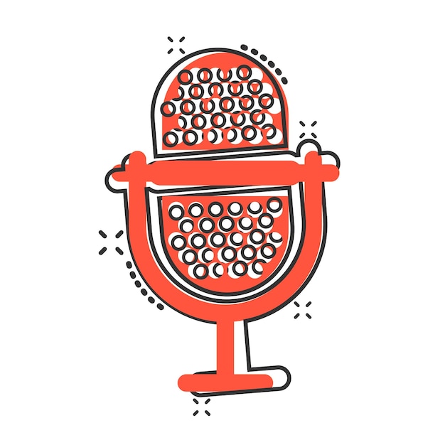 Icono de micrófono en estilo cómic Ilustración de vector de dibujos animados de mike de estudio sobre fondo blanco aislado Concepto de negocio de efecto de salpicadura de registro de audio