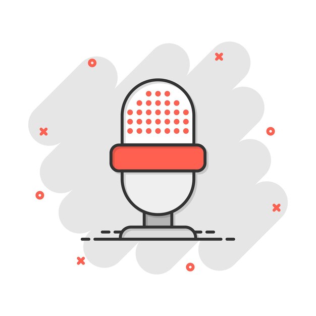 Icono de micrófono en estilo cómico Pictograma de ilustración de dibujos animados de vector de transmisión de micrófono Efecto de salpicadura de concepto de negocio de discurso de micrófono de micrófono