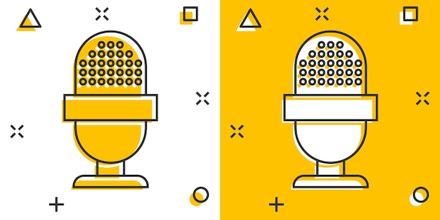 Icono de micrófono en estilo cómico Pictograma de ilustración de dibujos animados de vector de transmisión de micrófono Efecto de salpicadura de concepto de negocio de discurso de micrófono de micrófono