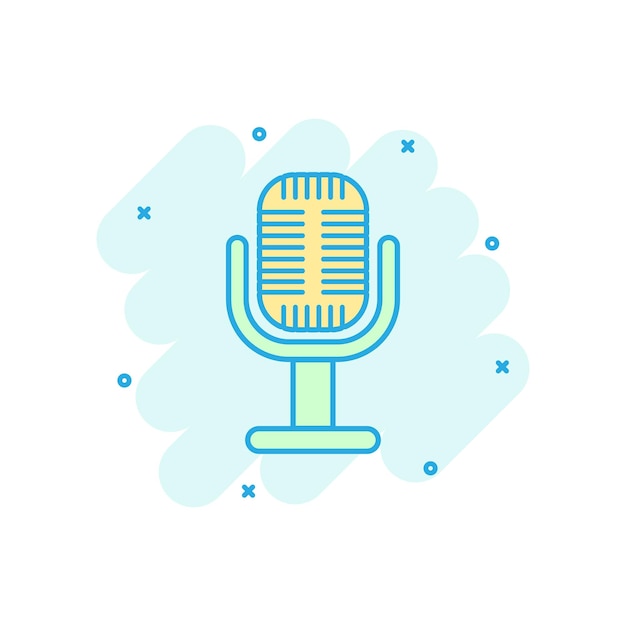 Icono de micrófono en estilo cómico Pictograma de ilustración de dibujos animados de vector de transmisión de micrófono Efecto de salpicadura de concepto de negocio de discurso de micrófono de micrófono
