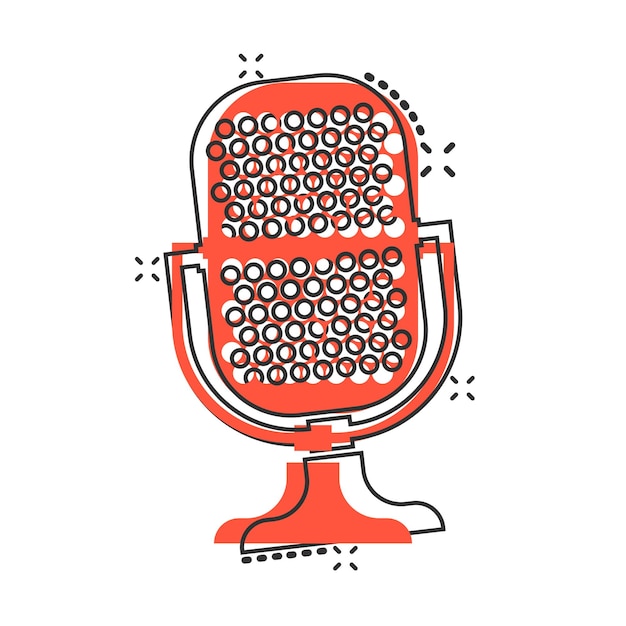 Icono de micrófono en estilo cómico Pictograma de ilustración de dibujos animados de vector de transmisión de micrófono Efecto de salpicadura de concepto de negocio de discurso de micrófono de micrófono