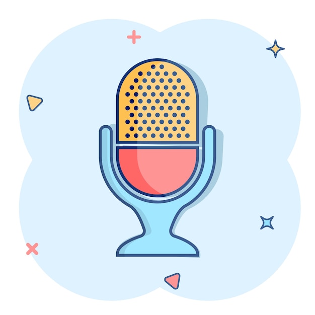 Icono de micrófono en estilo cómico Pictograma de ilustración de dibujos animados de vector de transmisión de micrófono Efecto de salpicadura de concepto de negocio de discurso de micrófono de micrófono