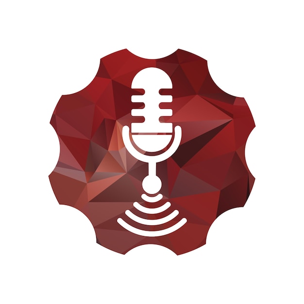 Icono de micrófono WiFi Podcast dentro de la forma de engranaje con diseño de vector de patrón rojo