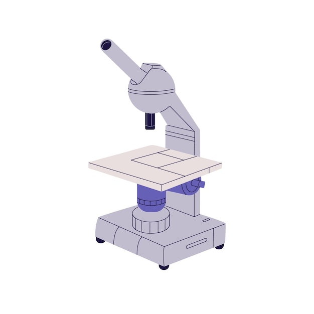 Ícono de microscopio electrónico Investigación química en laboratorio Equipo de laboratorio para examinar el análisis médico herramienta para el experimento de descubrimiento científico Ilustración de vector aislado plano en fondo blanco