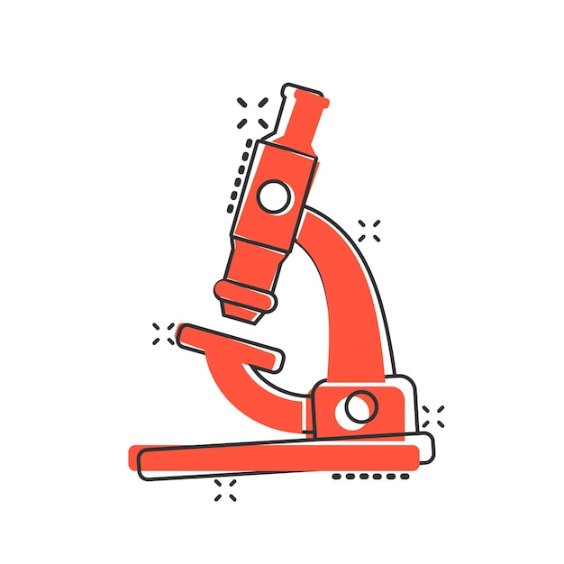 Icono de microscopio en estilo cómic Ilustración de vector de dibujos animados de lupa de laboratorio sobre fondo aislado Concepto de negocio de signo de efecto de salpicadura de instrumento de biología