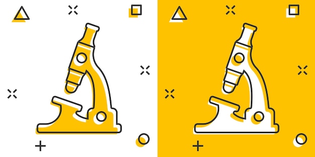 Icono de microscopio en estilo cómic ilustración de vector de dibujos animados de lupa de laboratorio sobre fondo aislado concepto de negocio de signo de efecto de salpicadura de instrumento de biología