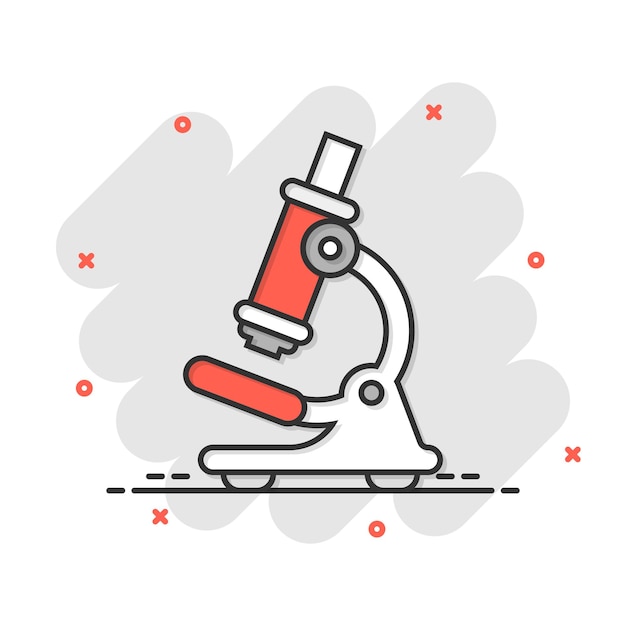 Icono de microscopio en estilo cómico Ilustración de vector de dibujos animados de lupa de laboratorio sobre fondo aislado Efecto de salpicadura de instrumento de biología signo concepto de negocio