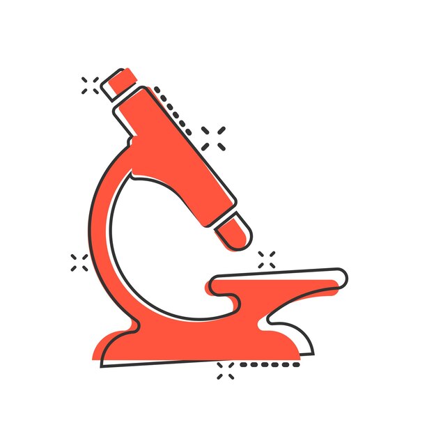 Icono de microscopio en estilo cómico Ilustración de vector de dibujos animados de lupa de laboratorio sobre fondo aislado Efecto de salpicadura de instrumento de biología signo concepto de negocio