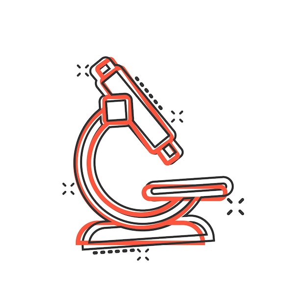 Icono de microscopio en estilo cómico Ilustración de vector de dibujos animados de lupa de laboratorio sobre fondo aislado Efecto de salpicadura de instrumento de biología signo concepto de negocio