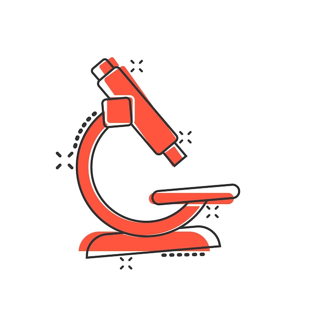 Icono de microscopio en estilo cómico Ilustración de vector de dibujos animados de lupa de laboratorio sobre fondo aislado Efecto de salpicadura de instrumento de biología signo concepto de negocio