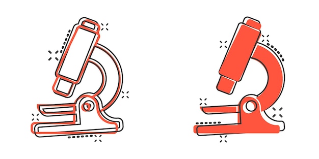 Icono de microscopio en estilo cómico Ilustración de vector de dibujos animados de lupa de laboratorio sobre fondo aislado Efecto de salpicadura de instrumento de biología signo concepto de negocio