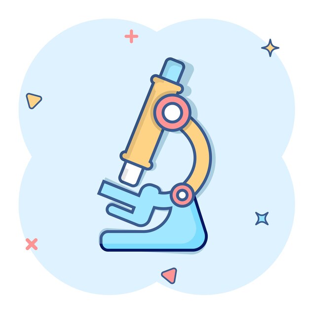 Icono de microscopio en estilo cómico Ilustración de vector de dibujos animados de lupa de laboratorio sobre fondo aislado Efecto de salpicadura de instrumento de biología signo concepto de negocio