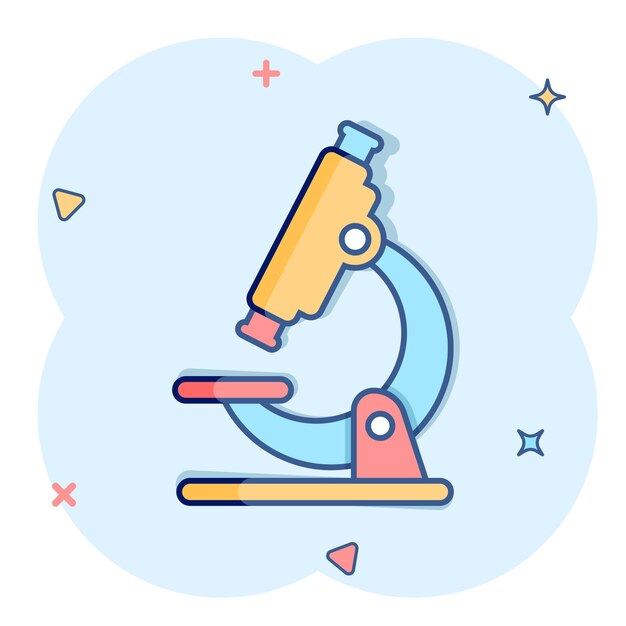 Icono de microscopio en estilo cómico Ilustración de vector de dibujos animados de lupa de laboratorio sobre fondo aislado Efecto de salpicadura de instrumento de biología signo concepto de negocio