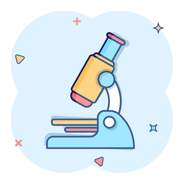 Icono de microscopio en estilo cómico Ilustración de vector de dibujos animados de lupa de laboratorio sobre fondo aislado Efecto de salpicadura de instrumento de biología signo concepto de negocio