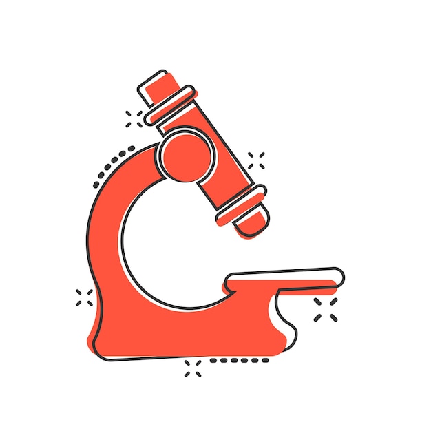 Icono de microscopio en estilo cómico Ilustración de vector de dibujos animados de lupa de laboratorio sobre fondo aislado Efecto de salpicadura de instrumento de biología signo concepto de negocio