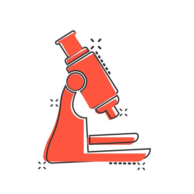 Icono de microscopio en estilo cómico Ilustración de vector de dibujos animados de lupa de laboratorio sobre fondo aislado Efecto de salpicadura de instrumento de biología signo concepto de negocio
