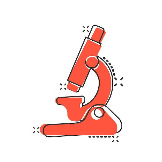 Icono de microscopio en estilo cómico Ilustración de vector de dibujos animados de lupa de laboratorio sobre fondo aislado Efecto de salpicadura de instrumento de biología signo concepto de negocio