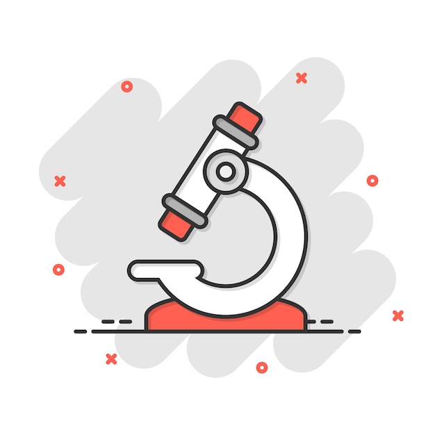 Icono de microscopio en estilo cómico Ilustración de vector de dibujos animados de lupa de laboratorio sobre fondo aislado Efecto de salpicadura de instrumento de biología signo concepto de negocio