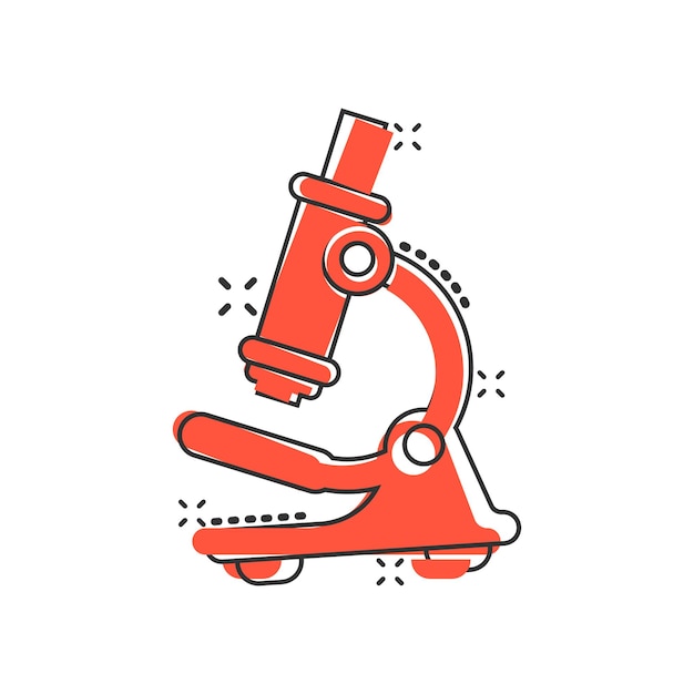 Icono de microscopio en estilo cómico Lupa de laboratorio Ilustración vectorial de dibujos animados en fondo aislado Instrumento de biología Efecto de salpicaduras Signo concepto de negocio