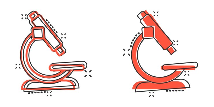 Vector icono de microscopio en estilo cómico lupa de laboratorio ilustración vectorial de dibujos animados en fondo aislado instrumento de biología efecto de salpicaduras signo concepto de negocio