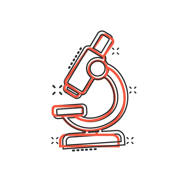 Icono de microscopio en estilo cómico Lupa de laboratorio Ilustración vectorial de dibujos animados en fondo aislado Instrumento de biología Efecto de salpicaduras Signo concepto de negocio