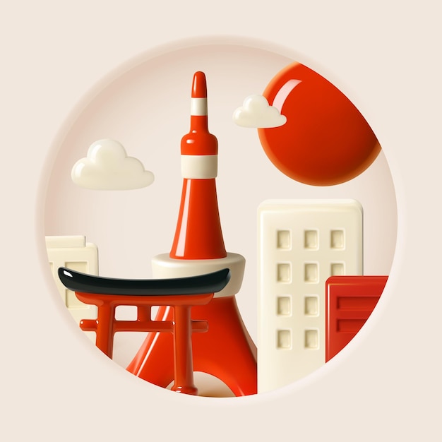 Ícono minimalista de la ciudad de Tokio en 3D con la Torre de Tokio, las nubes de la Puerta Torii y el sol naciente en círculo FramexAxA