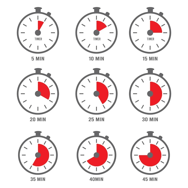 Icono de minutos. símbolos de reloj de hora veces minutos números día cinco colección.