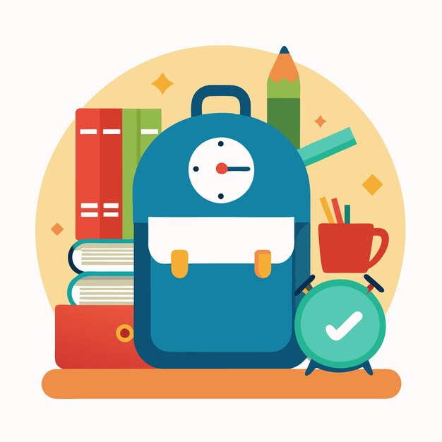 Icono de la mochila de regreso a la escuela Bolsa escolar con libros y herramientas escolares Bolsa con suministros regla