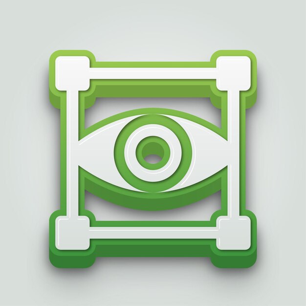 Icono moderno de lente de cámara 3D verde y blanco con fondo editable