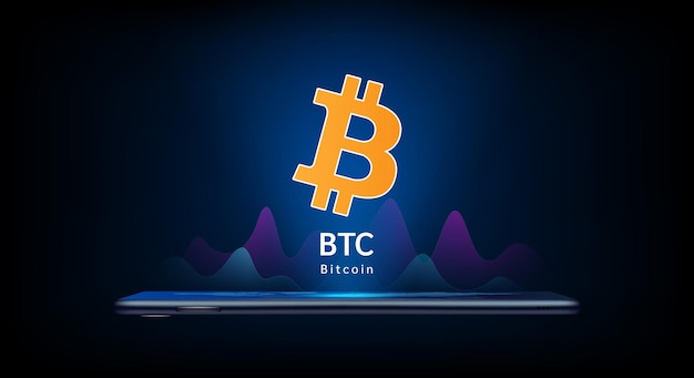 El icono de la moneda de Bitcoin, el símbolo de token de moneda criptográfica, sale del teléfono inteligente con una tabla de crecimiento