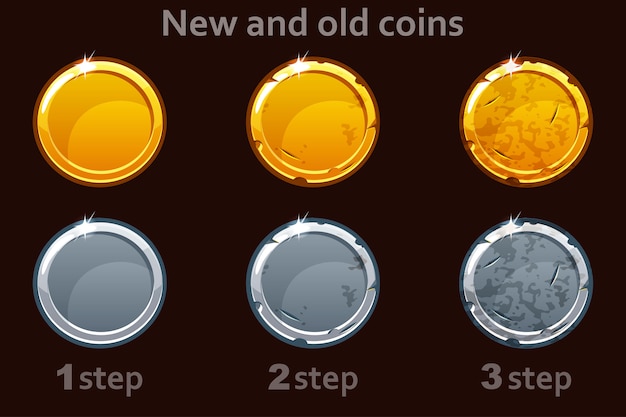 Icono de moneda Monedas de oro y plata. 3 pasos para dibujar una moneda de nuevo a viejo.
